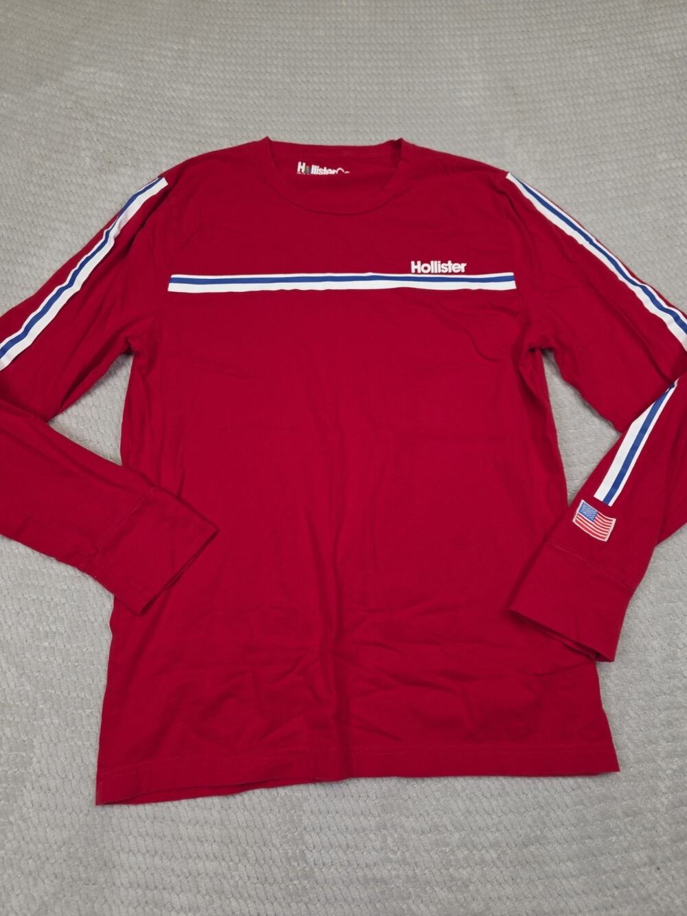 Hollister Shirt Mens Medium Red Long Sleeve Striped Sleeve Embroidered Flag